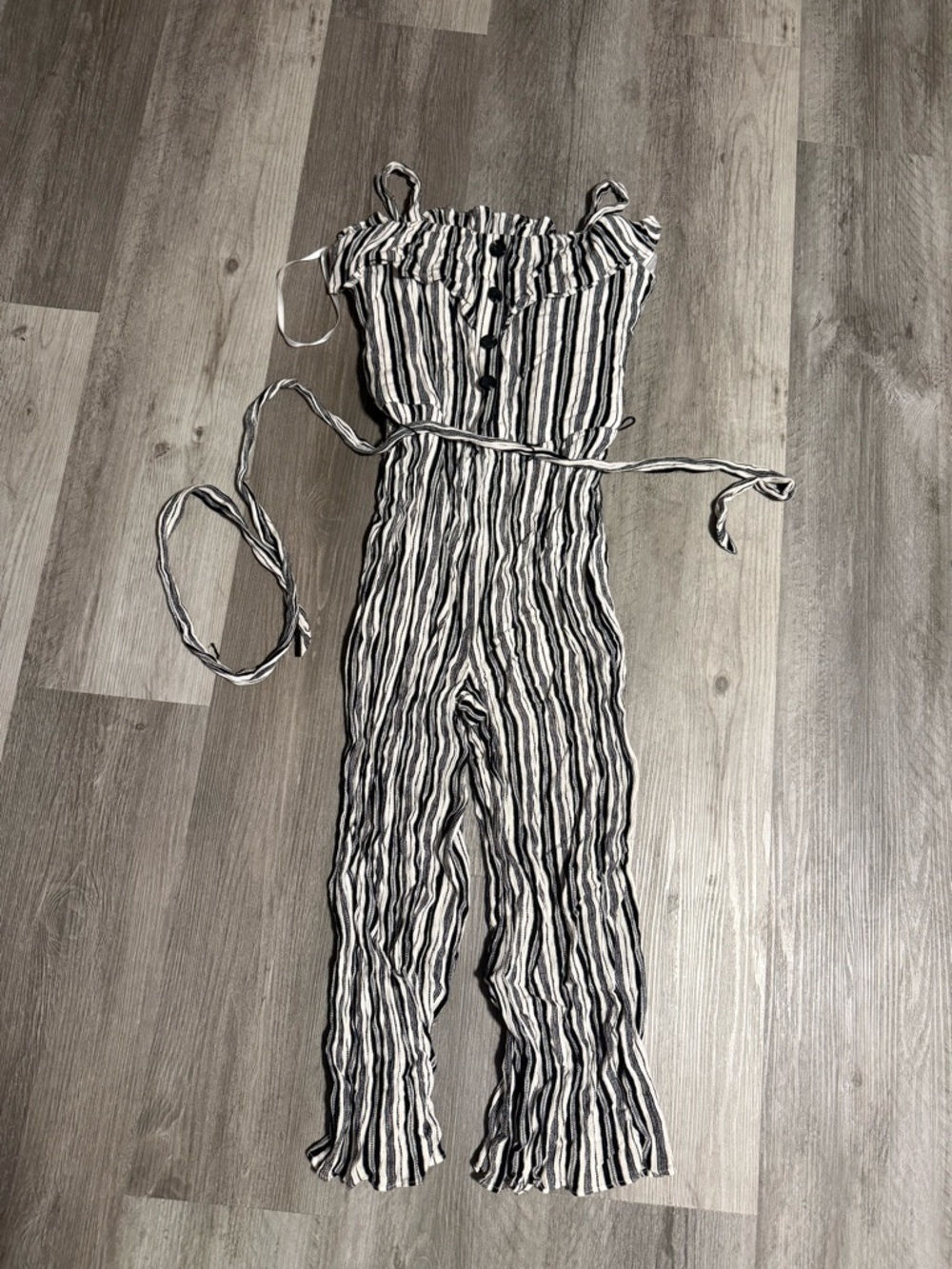 Striped Ruffle Neck Jumpsuit in Black & White